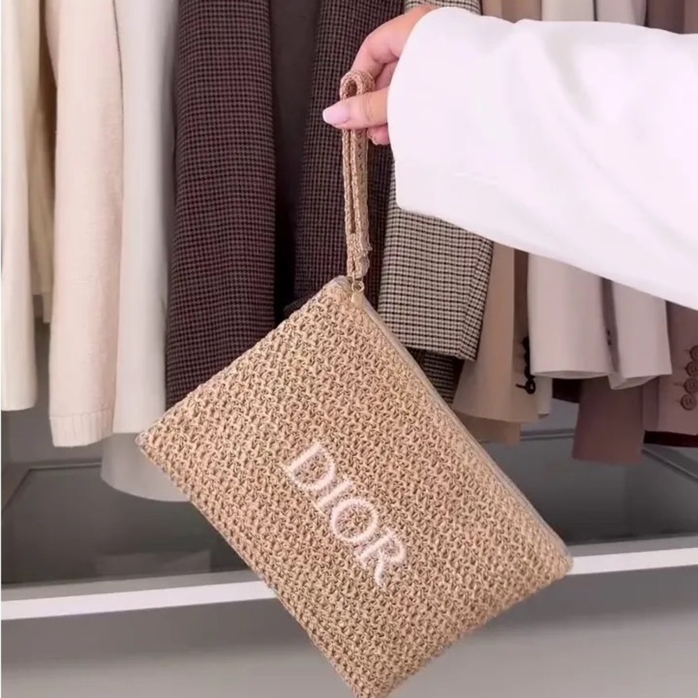 NEW Dior Beige Woven Wristlet Clutch